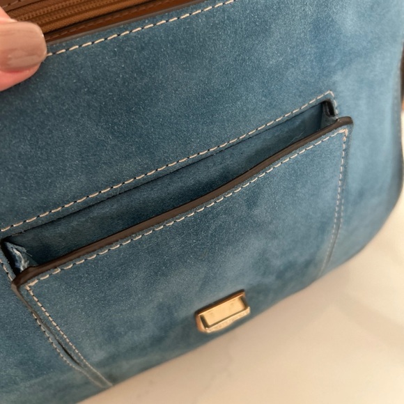 MICHAEL KORS ROMY DENIM BLUE SUEDE BROWN CROSSBODY MESSENGER BAG SATCHEL - Picture 13 of 16